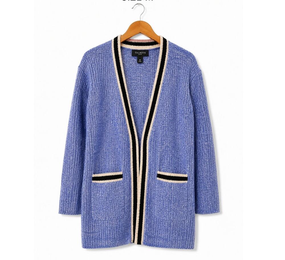 Talbots Petite SP Blue Marled Cardigan Cream Black Trim Open Front Pockets